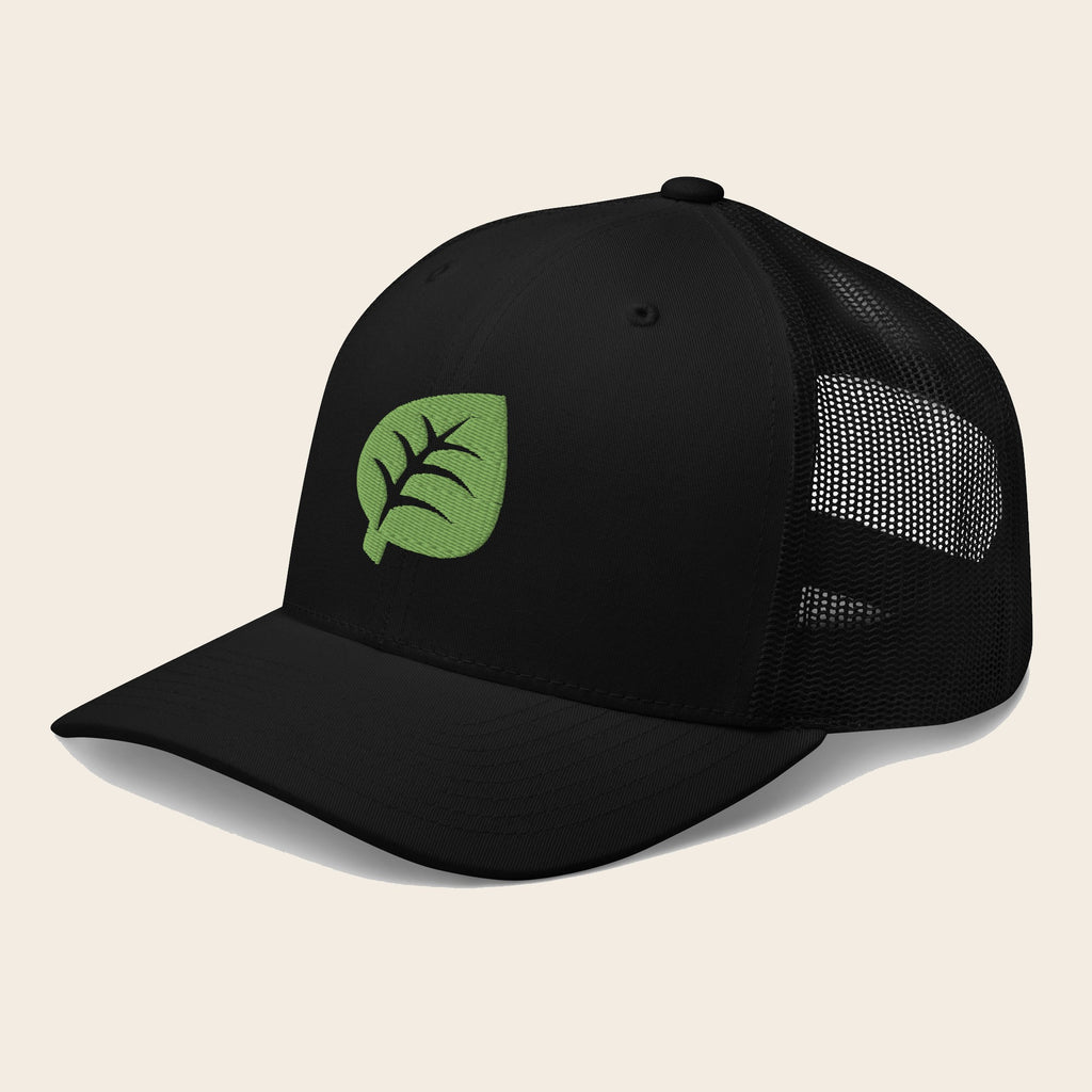 Grass Type Pokemon 3D Embroidered Black with Black Mesh Back Trucker Hat Front Left