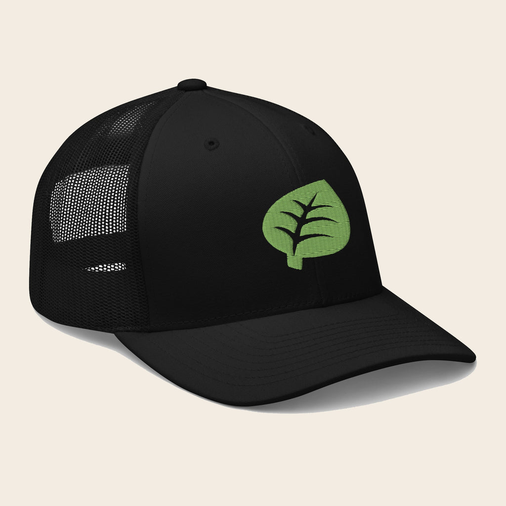 Grass Type Pokemon 3D Embroidered Black with Black Mesh Back Trucker Hat Front Right