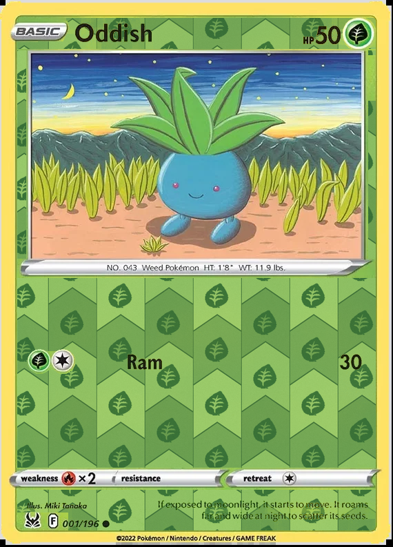 Oddish 001/196, Lost Origin, Reverse Holo finish, representative matte composite