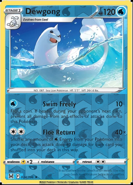 Dewgong 034/196, Lost Origin, Reverse Holo finish, representative matte composite