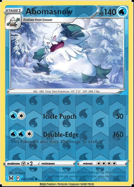 Abomasnow 043/196, Lost Origin, Reverse Holo finish, representative matte composite