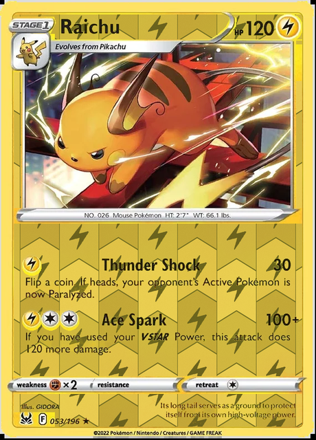 Raichu 053/196, Lost Origin, Reverse Holo finish, representative matte composite