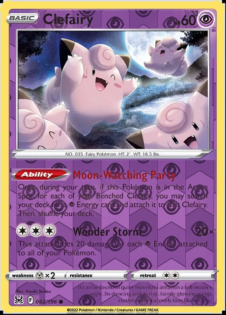 Clefairy 062/196, Lost Origin, Reverse Holo finish, representative matte composite