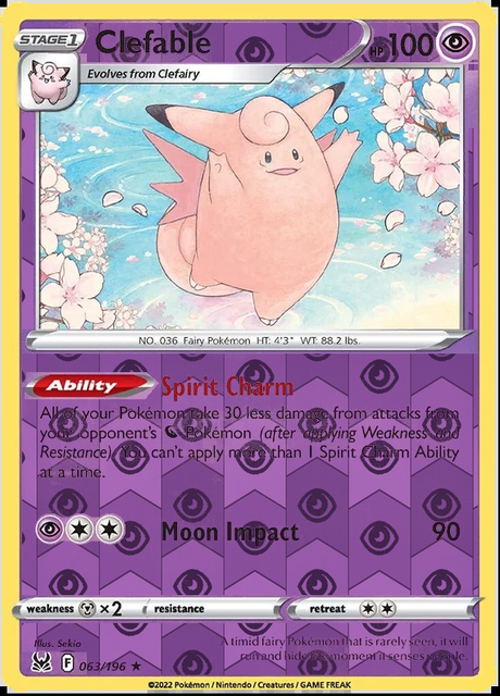 Clefable 063/196, Lost Origin, Reverse Holo finish, representative matte composite