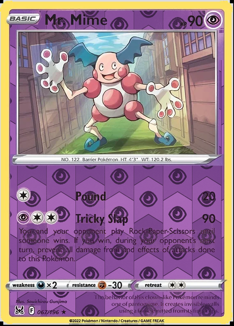 Mr. Mime 067/196, Lost Origin, Reverse Holo finish, representative matte composite
