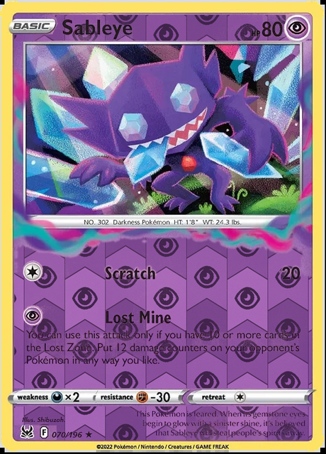 Sableye 070/196, Lost Origin, Reverse Holo finish, representative matte composite