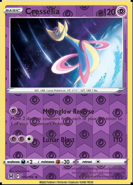 Cresselia 074/196, Lost Origin, Reverse Holo finish, representative matte composite