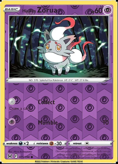 Hisuian Zorua 075/196, Lost Origin, Reverse Holo finish, representative matte composite