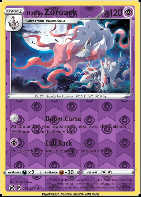 Hisuian Zoroark 076/196, Lost Origin, Reverse Holo finish, representative matte composite