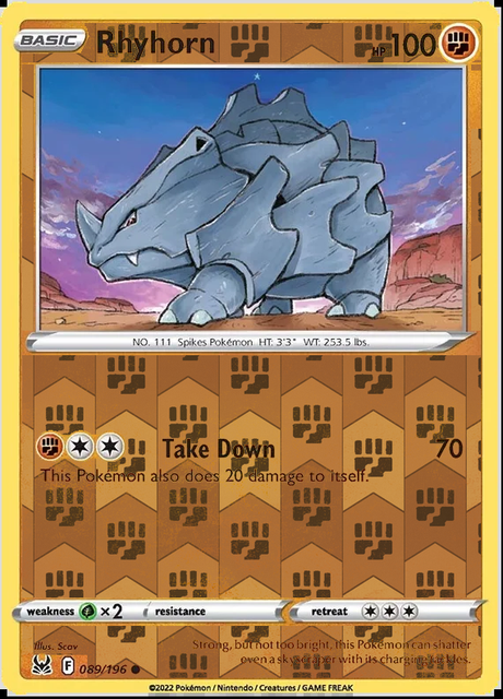 Rhyhorn 089/196, Lost Origin, Reverse Holo finish, representative matte composite