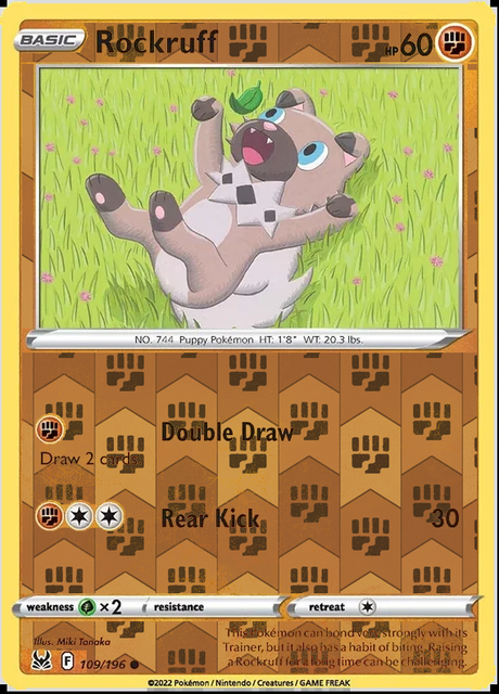 Rockruff 109/196, Lost Origin, Reverse Holo finish, representative matte composite