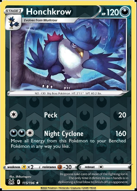 Honchkrow 115/196, Lost Origin, Reverse Holo finish, representative matte composite
