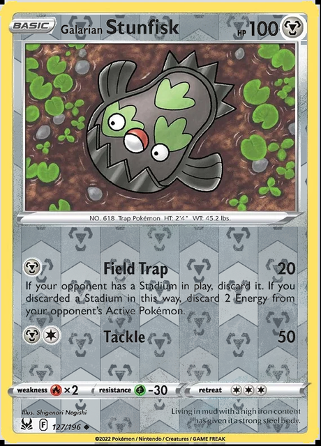 Galarian Stunfisk 127/196, Lost Origin, Reverse Holo finish, representative matte composite