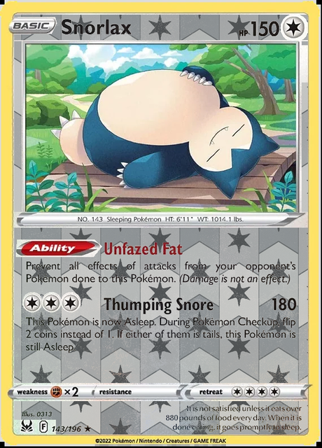 Snorlax 143/196, Lost Origin, Reverse Holo finish, representative matte composite
