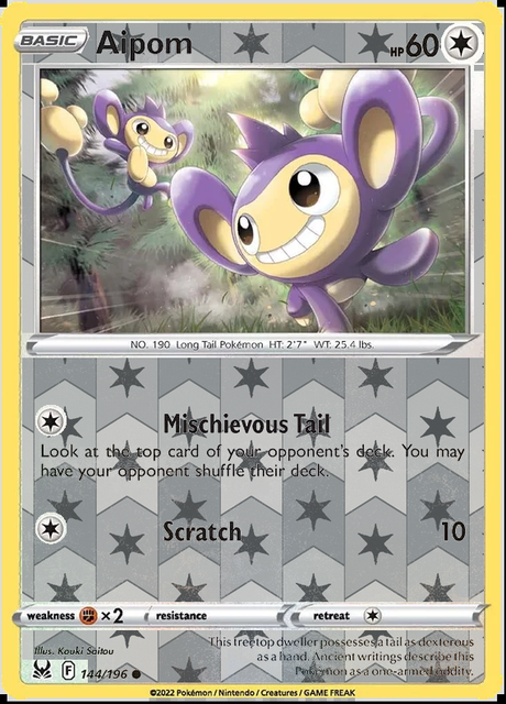 Aipom 144/196, Lost Origin, Reverse Holo finish, representative matte composite