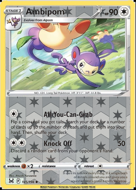 Ambipom 145/196, Lost Origin, Reverse Holo finish, representative matte composite