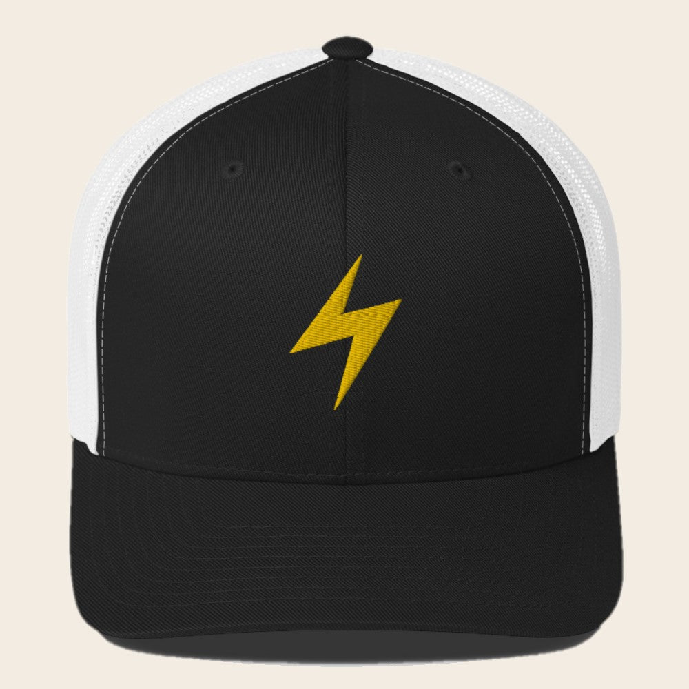 Lightning Type Pokemon 3D Embroidered Black with White Mesh Back Trucker Hat Front