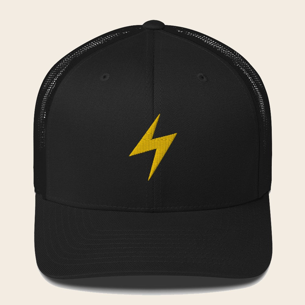 Lightning Type Pokemon 3D Embroidered Black with Black Mesh Back Trucker Hat Front