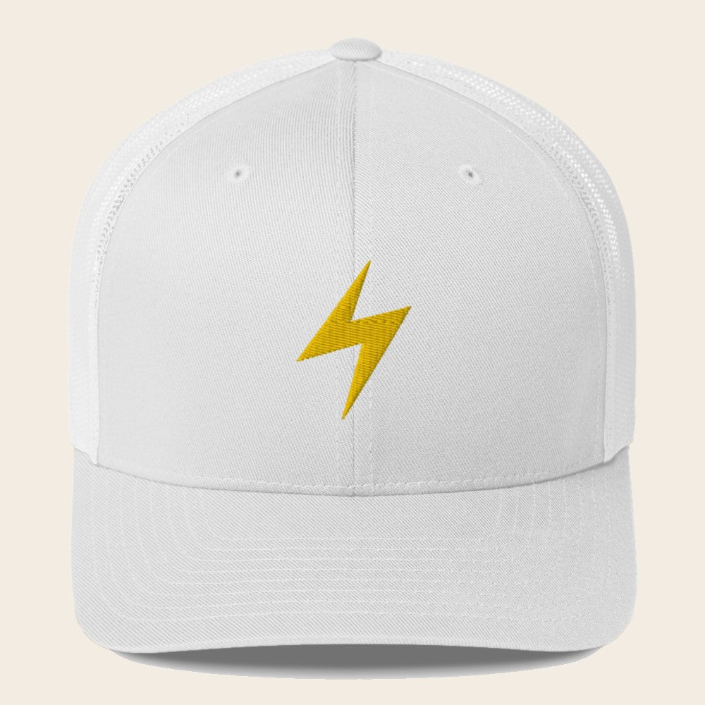 Lightning Type Pokemon 3D Embroidered White with White Mesh Back Trucker Hat Front