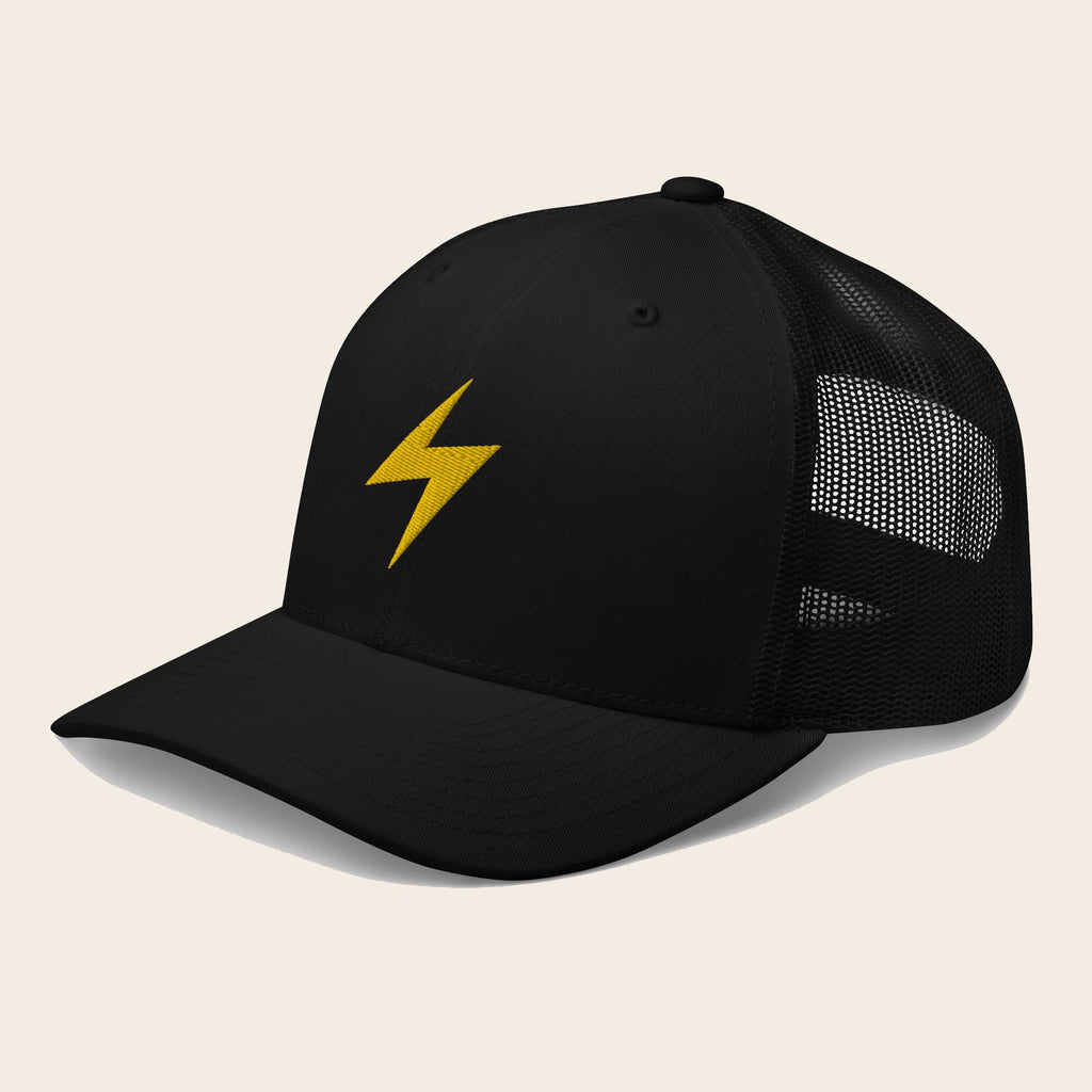 Lightning Type Pokemon 3D Embroidered Black with Black Mesh Back Trucker Hat Front Left