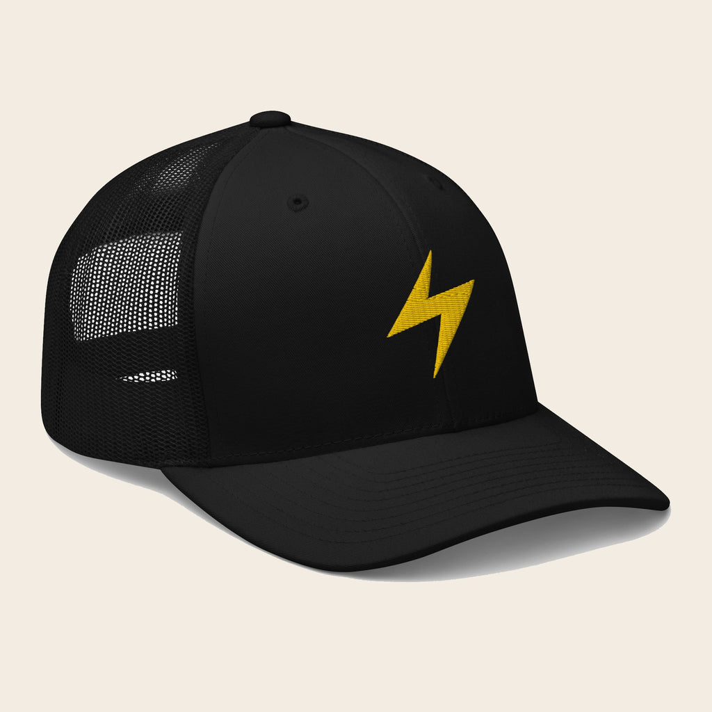 Lightning Type Pokemon 3D Embroidered Black with Black Mesh Back Trucker Hat Front Right