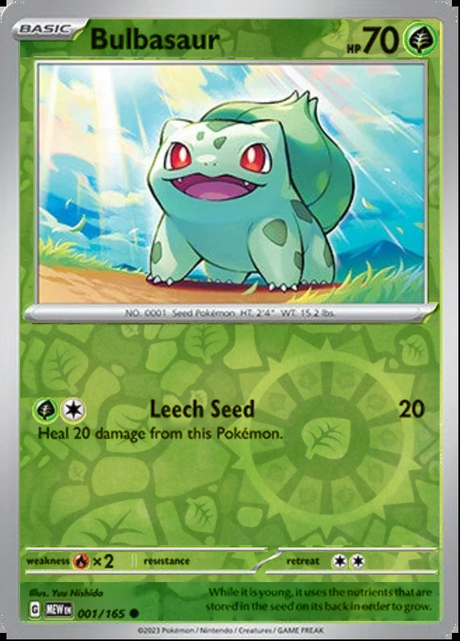 Bulbasaur 001/165, Scarlet & Violet 151, Reverse Holo, representative matte composite