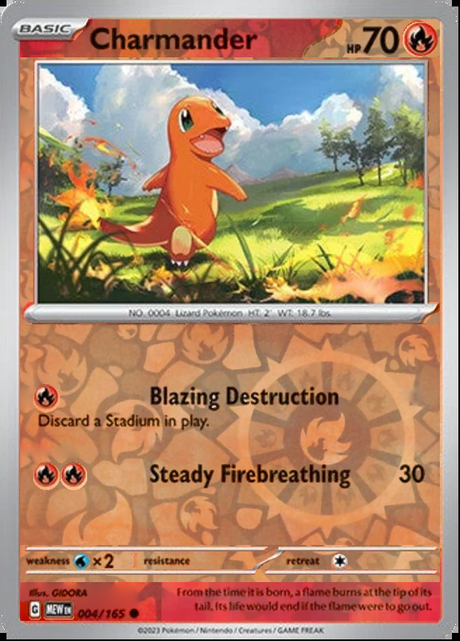Charmander 004/165, Scarlet & Violet 151, Reverse Holo, representative matte composite