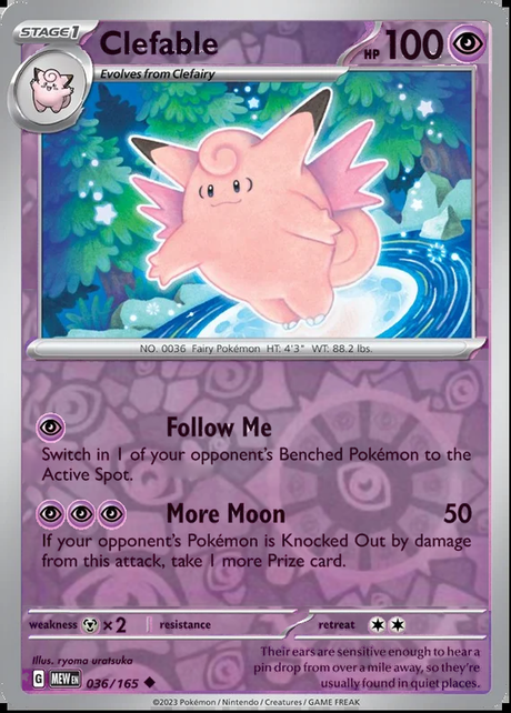 Clefable 036/165, Scarlet & Violet 151, Reverse Holo, representative matte composite