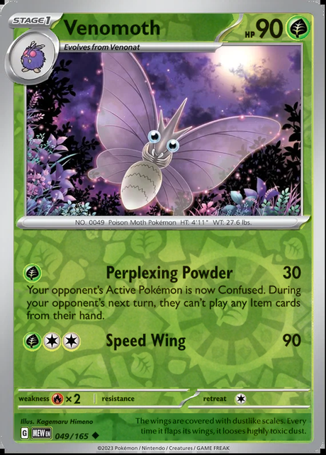 Venomoth 049/165, Scarlet & Violet 151, Reverse Holo, representative matte composite
