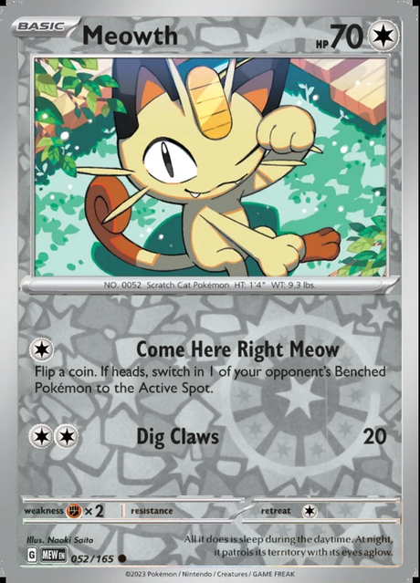 Meowth 052/165, Scarlet & Violet 151, Reverse Holo, representative matte composite