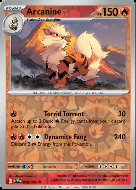 Arcanine 059/165, Scarlet & Violet 151, Reverse Holo, representative matte composite
