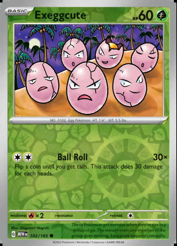Exeggcute 102/165, Scarlet & Violet 151, Reverse Holo, representative matte composite