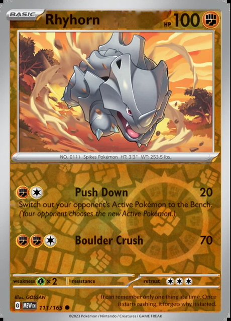 Rhyhorn 111/165, Scarlet & Violet 151, Reverse Holo, representative matte composite