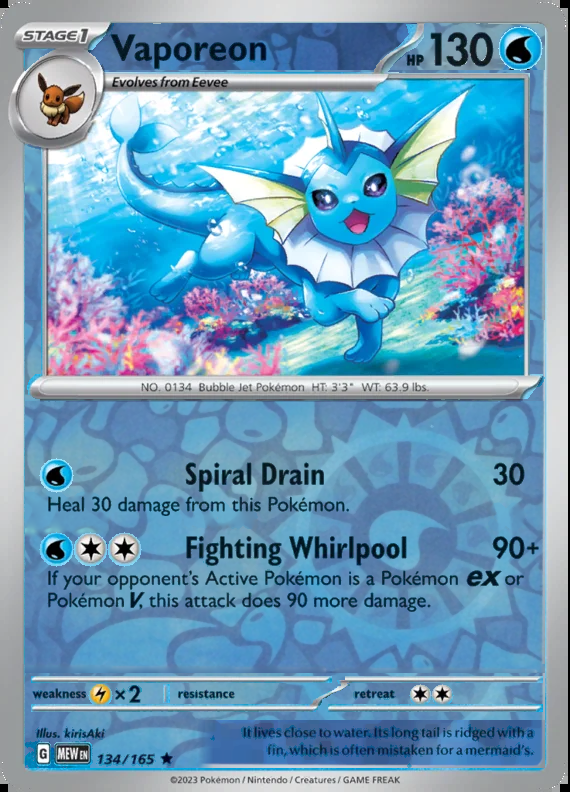Vaporeon 134/165, Scarlet & Violet 151, Reverse Holo, representative matte composite