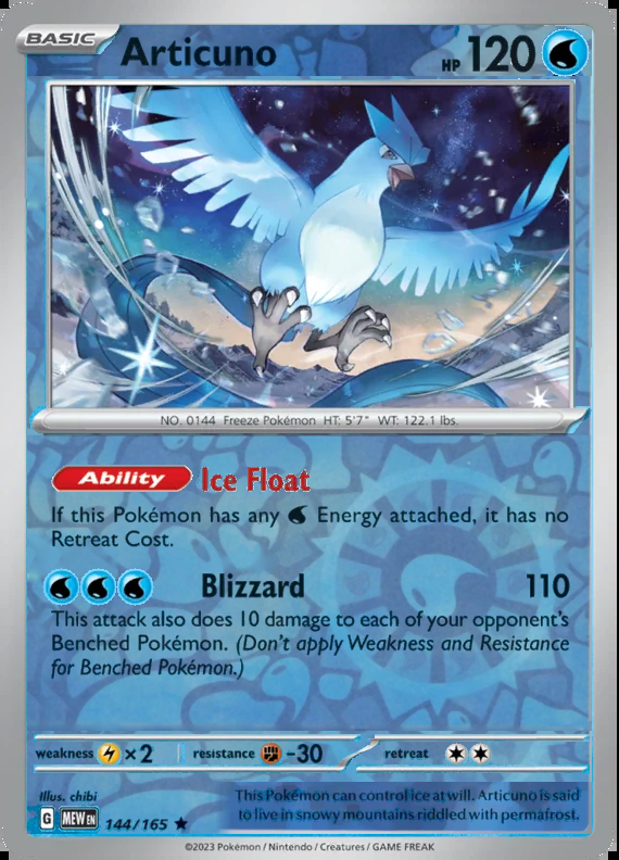 Articuno 144/165, Scarlet & Violet 151, Reverse Holo, representative matte composite