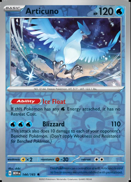 Articuno 144/165, Scarlet & Violet 151, Reverse Holo, representative matte composite