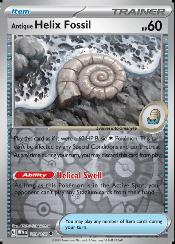 Antique Helix Fossil 153/165, Scarlet & Violet 151, Reverse Holo, representative matte composite