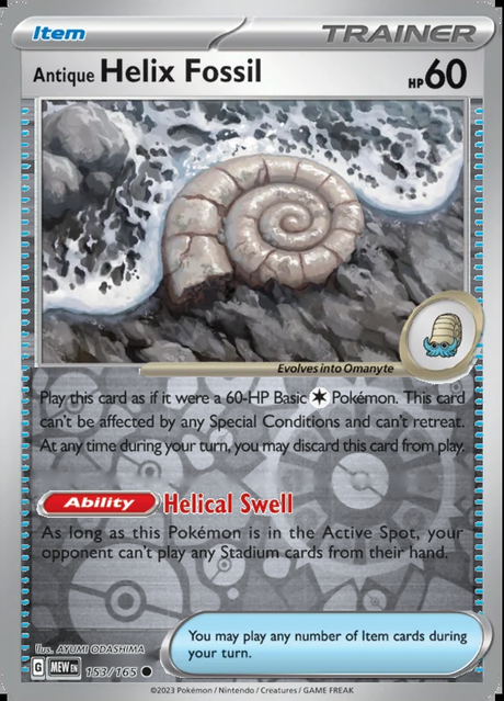 Antique Helix Fossil 153/165, Scarlet & Violet 151, Reverse Holo, representative matte composite