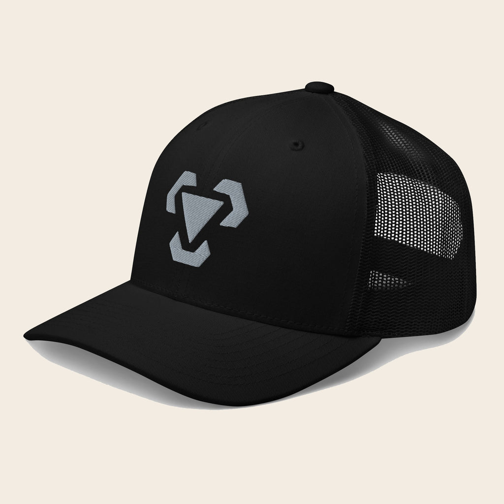 Metal Type Pokemon 3D Embroidered Black with Black Mesh Back Trucker Hat Front Left