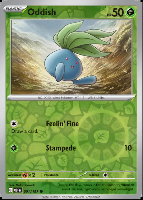 Oddish 001/197, Obsidian Flames, Reverse Holo, representative matte composite