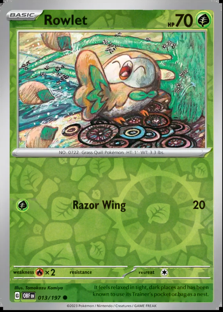 Rowlet 013/197, Obsidian Flames, Reverse Holo, representative matte composite