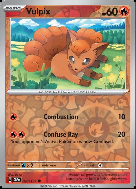 Vulpix 028/197, Obsidian Flames, Reverse Holo, representative matte composite