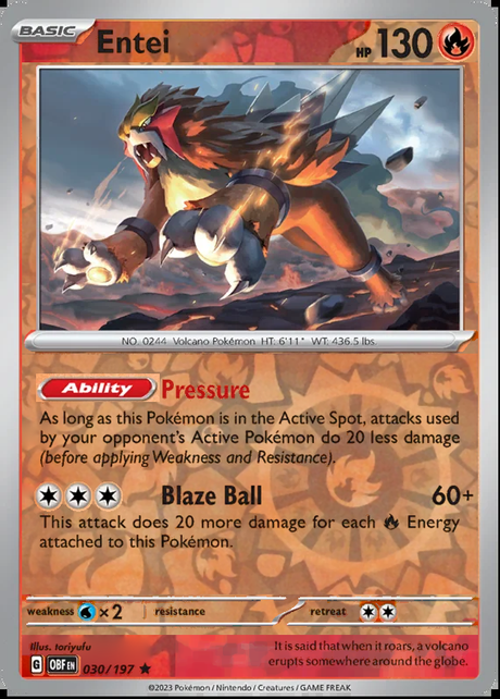 Entei 030/197, Obsidian Flames, Reverse Holo, representative matte composite