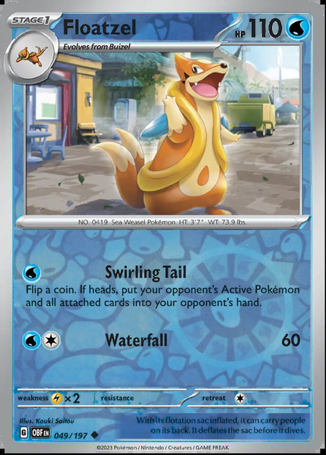 Floatzel 049/197, Obsidian Flames, Reverse Holo, representative matte composite