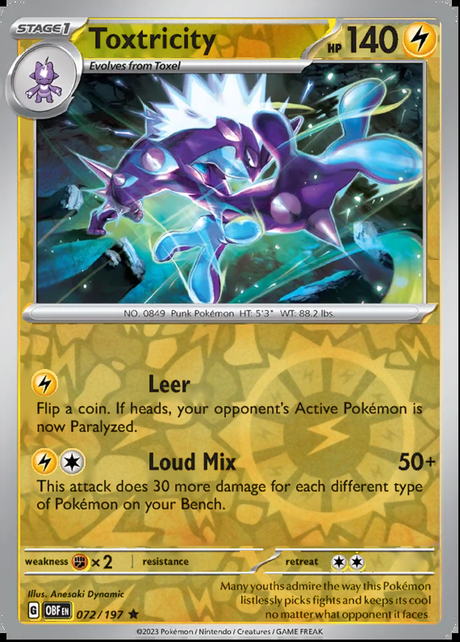 Toxtricity 072/197, Obsidian Flames, Reverse Holo, representative matte composite