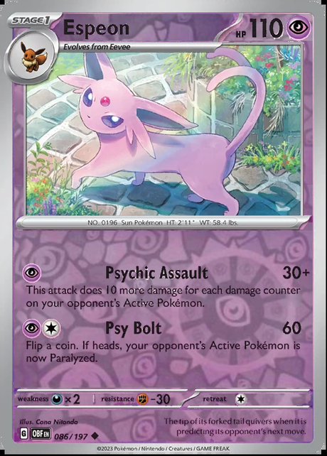 Espeon 086/197, Obsidian Flames, Reverse Holo, representative matte composite