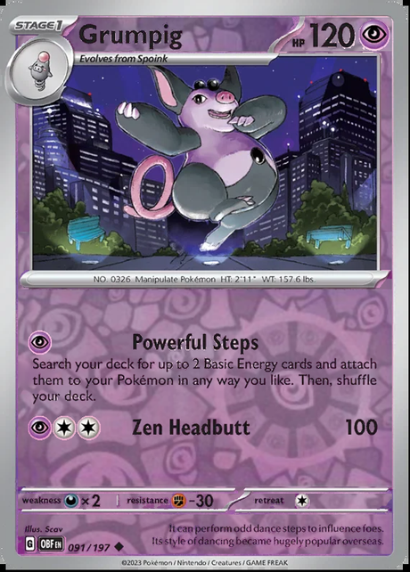 Grumpig 091/197, Obsidian Flames, Reverse Holo, representative matte composite
