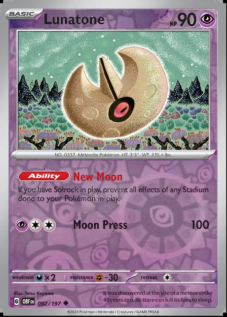 Lunatone 092/197, Obsidian Flames, Reverse Holo, representative matte composite