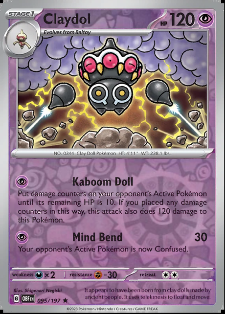 Claydol 095/197, Obsidian Flames, Reverse Holo, representative matte composite