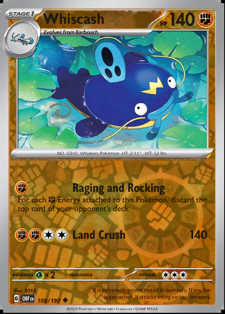Whiscash 109/197, Obsidian Flames, Reverse Holo, representative matte composite